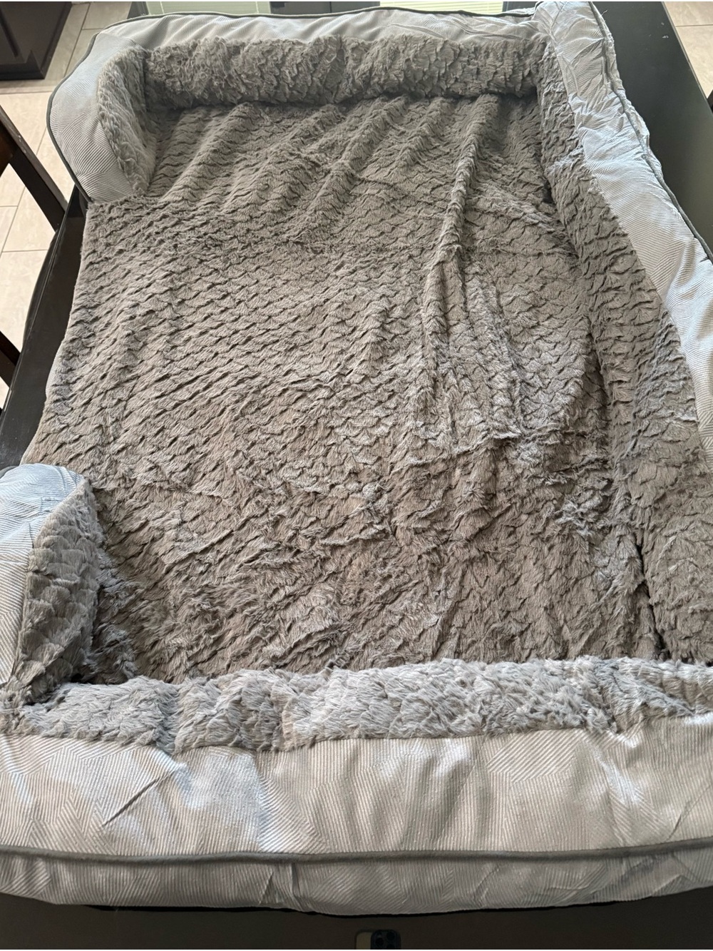 Grey Plush Bolster Dog Bed with Faux Fur Comfort